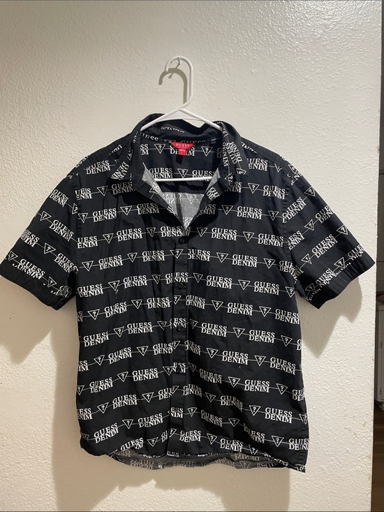 Guess Other - Guess Black Button-Up Shirt with White Logo Allover Print
